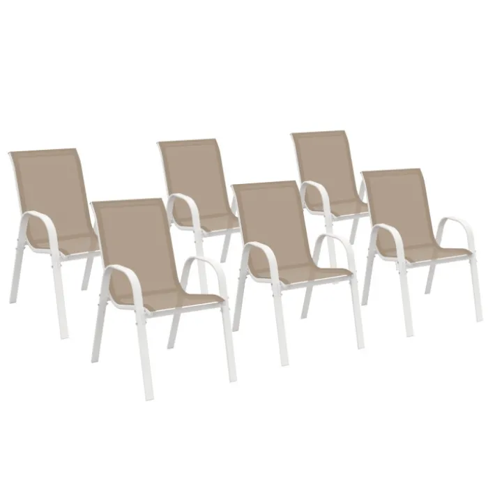 6 chaises de jardin blanc et beige empilables en métal et textilène