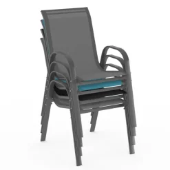 4 chaises de jardin en métal et textilène gris, noir et bleu