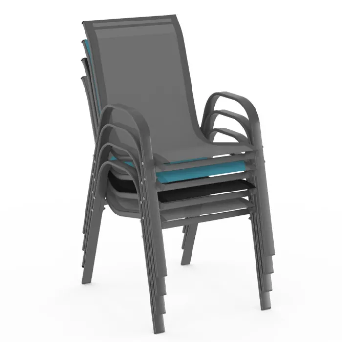 4 chaises de jardin en métal et textilène gris, noir et bleu