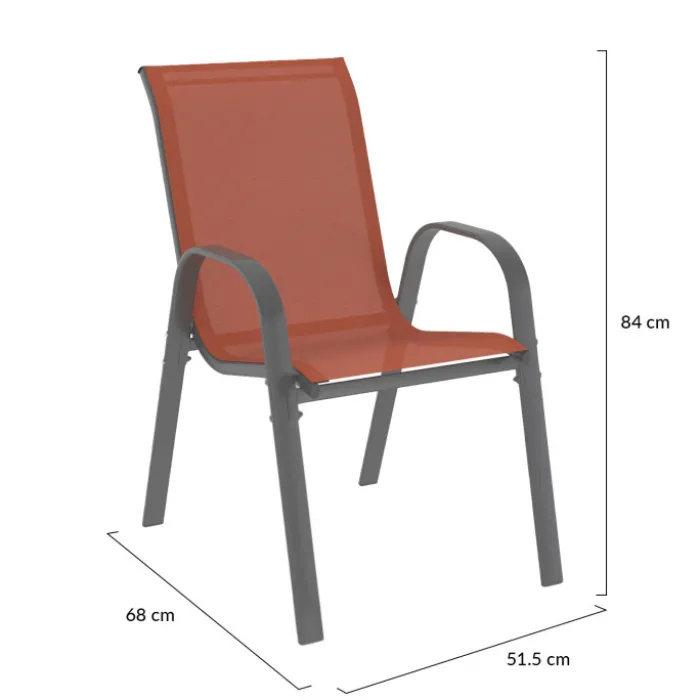 6 chaises de jardin en métal et textilène gris, noir et terracotta empilables