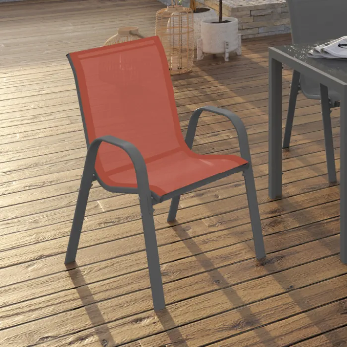 6 chaises de jardin en métal et textilène gris, noir et terracotta empilables