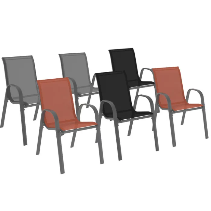 6 chaises de jardin en métal et textilène gris, noir et terracotta empilables