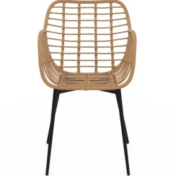 2 fauteuils de table effet rotin et pied métal noir