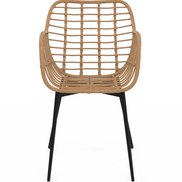 2 fauteuils de table effet rotin et pied métal noir