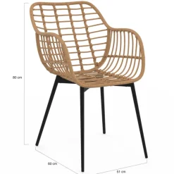 2 fauteuils de table effet rotin et pied métal noir