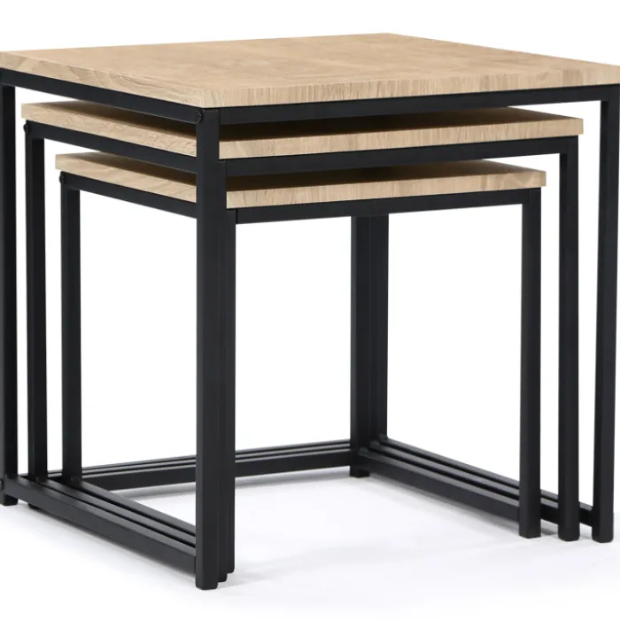 3 tables basses gigognes bois et métal carrées