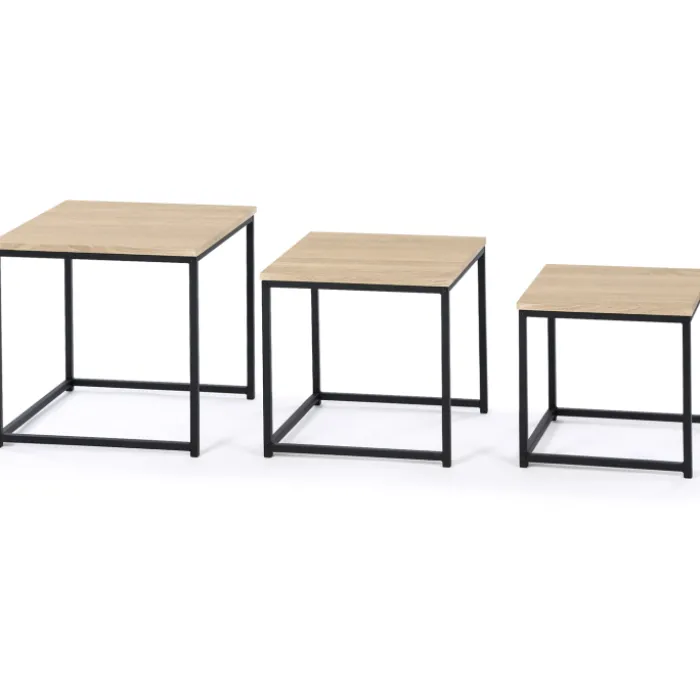 3 tables basses gigognes bois et métal carrées