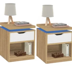 2 tables de chevet à LEDS tiroir et niche bois façon hêtre et blanc