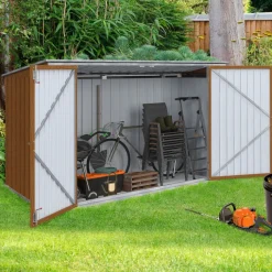 Abri de jardin en métal effet bois verrouillable multi-rangement pour stockage vélos, outils, poubelles