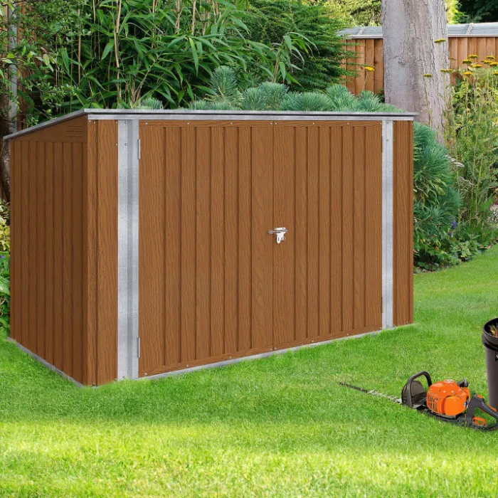 Abri de jardin en métal effet bois verrouillable multi-rangement pour stockage vélos, outils, poubelles