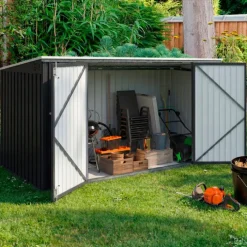 Abri de jardin en métal gris anthracite verrouillable multi-rangement pour stockage vélos, outils, poubelles