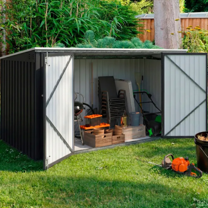 Abri de jardin en métal gris anthracite verrouillable multi-rangement pour stockage vélos, outils, poubelles