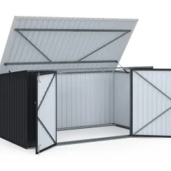 Abri de jardin en métal gris anthracite verrouillable multi-rangement pour stockage vélos, outils, poubelles