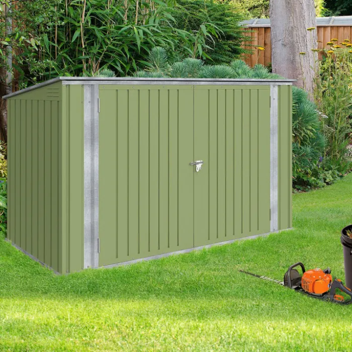 Abri de jardin en métal vert olive verrouillable multi-rangement pour stockage vélos, outils, poubelles