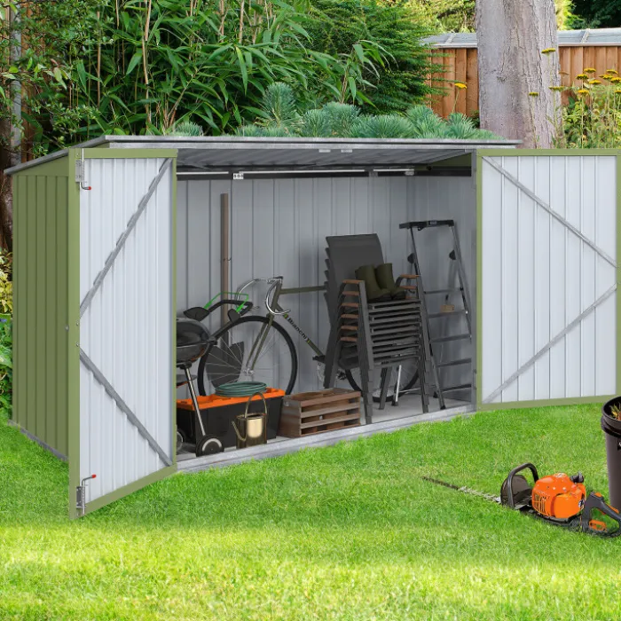 Abri de jardin en métal vert olive verrouillable multi-rangement pour stockage vélos, outils, poubelles