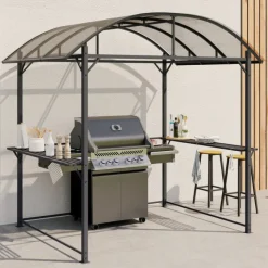 Abri pour barbecue 240 x 150 x 220 cm avec étagères, en métal gris et toit en polycarbonate