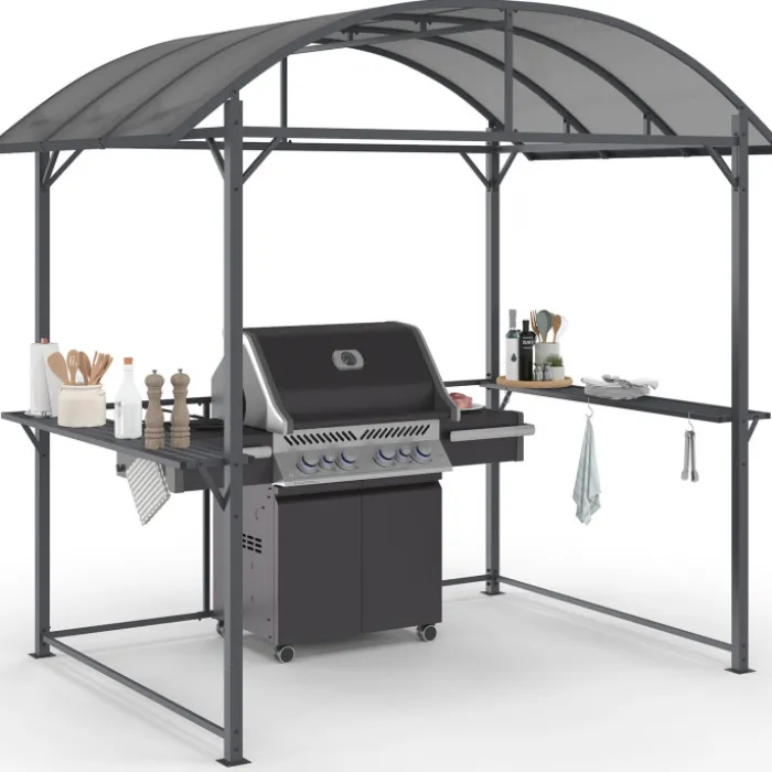 Abri pour barbecue 240 x 150 x 220 cm avec étagères, en métal gris et toit en polycarbonate