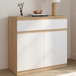 Armoire à chaussures 12 paires 2 portes 1 tiroir blanc et effet bois