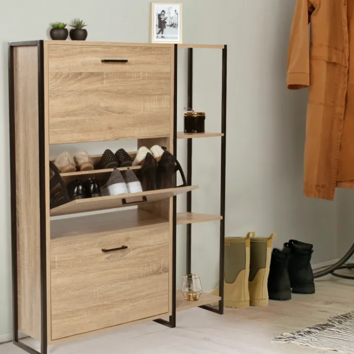 Armoire à chaussures bois imitation hêtre et métal noir