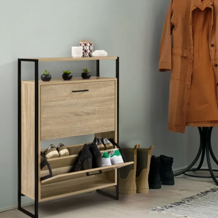 Armoire à chaussures industrielle avec étagère bois et métal
