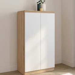Armoire à chaussures 18 paires 2 portes blanc et effet bois