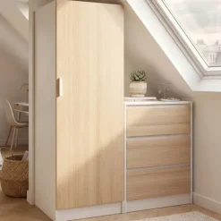 Armoire 1 porte penderie avec commode 3 tiroirs 100 cm modulable façon hêtre et blanc