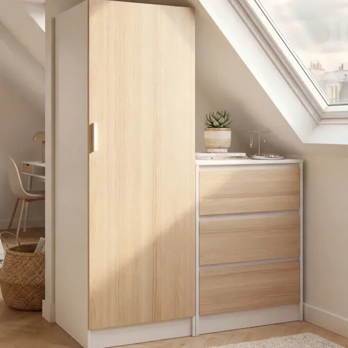 Armoire 1 porte penderie avec commode 3 tiroirs 100 cm modulable façon hêtre et blanc