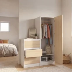 Armoire 1 porte penderie avec commode 3 tiroirs 100 cm modulable façon hêtre et blanc