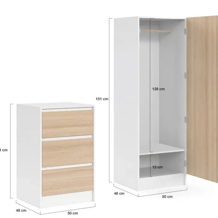 Armoire 1 porte penderie avec commode 3 tiroirs 100 cm modulable façon hêtre et blanc