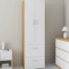 Armoire 2 portes blanc et bois penderie 50 cm avec 2 tiroirs