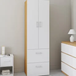 Armoire 2 portes blanc et bois penderie 50 cm avec 2 tiroirs