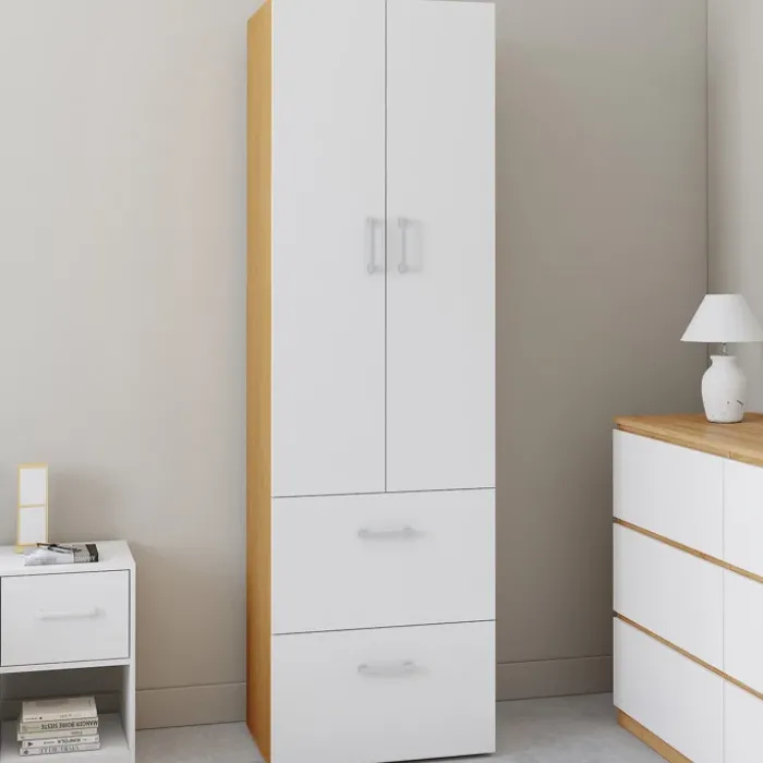 Armoire 2 portes blanc et bois penderie 50 cm avec 2 tiroirs