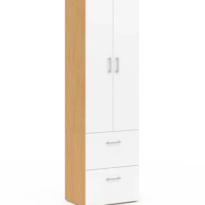 Armoire 2 portes blanc et bois penderie 50 cm avec 2 tiroirs