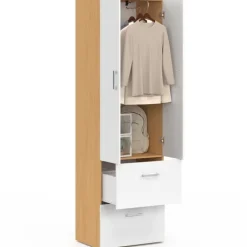 Armoire 2 portes blanc et bois penderie 50 cm avec 2 tiroirs