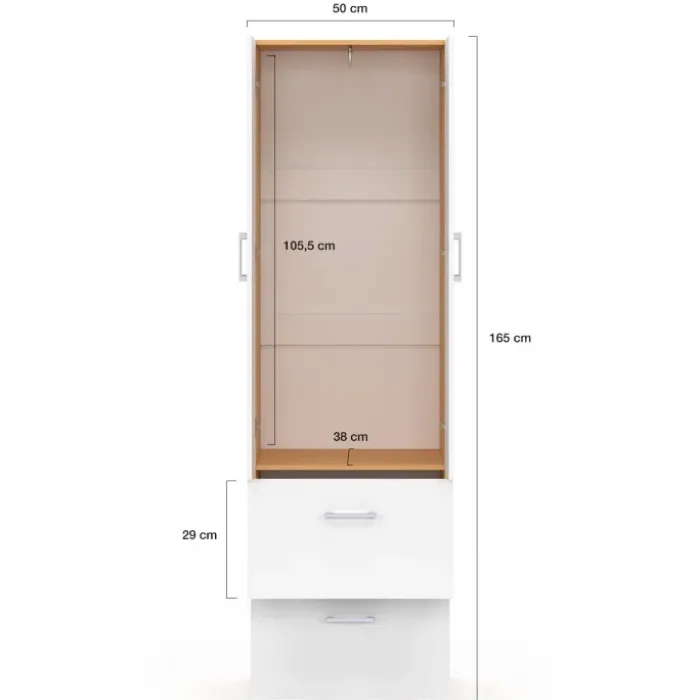 Armoire 2 portes blanc et bois penderie 50 cm avec 2 tiroirs