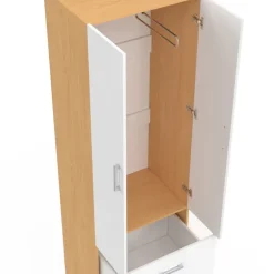 Armoire 2 portes blanc et bois penderie 50 cm avec 2 tiroirs