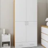 Armoire 2 portes blanc et bois étagères 80 cm avec 1 tiroir