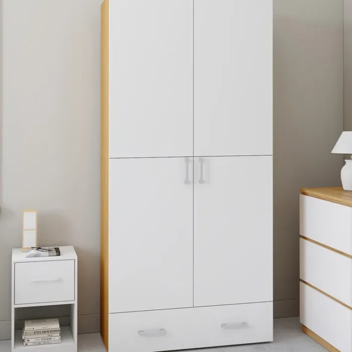 Armoire 2 portes blanc et bois étagères 80 cm avec 1 tiroir