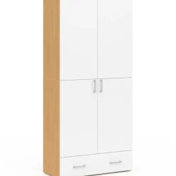 Armoire 2 portes blanc et bois étagères 80 cm avec 1 tiroir