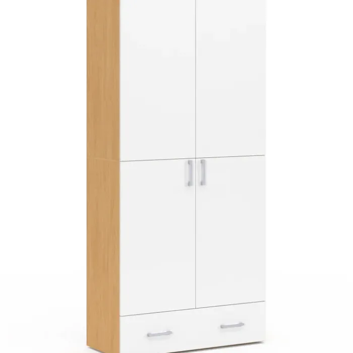 Armoire 2 portes blanc et bois étagères 80 cm avec 1 tiroir