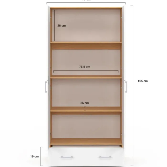 Armoire 2 portes blanc et bois étagères 80 cm avec 1 tiroir