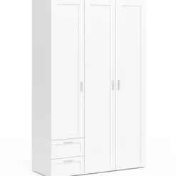 Armoire 3 portes blanc penderie 120 cm avec 2 tiroirs et étagères