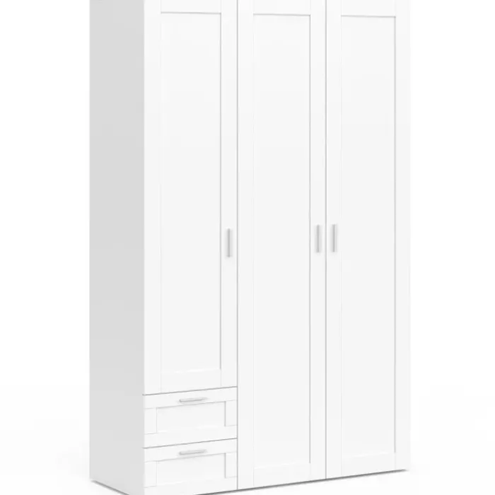 Armoire 3 portes blanc penderie 120 cm avec 2 tiroirs et étagères
