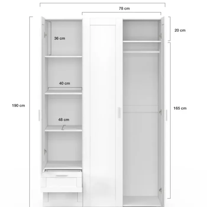 Armoire 3 portes blanc penderie 120 cm avec 2 tiroirs et étagères
