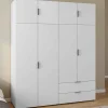 Armoire 4 portes blanc penderie 160 cm avec 2 rangements hauts et 2 tiroirs
