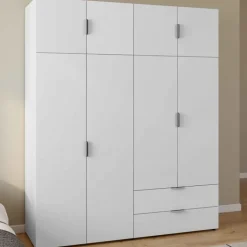 Armoire 4 portes blanc penderie 160 cm avec 2 rangements hauts et 2 tiroirs