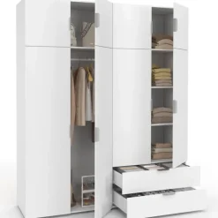 Armoire 4 portes blanc penderie 160 cm avec 2 rangements hauts et 2 tiroirs