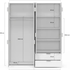 Armoire 4 portes blanc penderie 160 cm avec 2 rangements hauts et 2 tiroirs