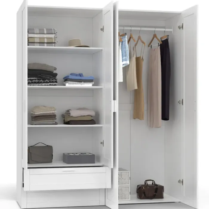 Armoire 4 portes blanche dressing penderie et 2 tiroirs 160 cm