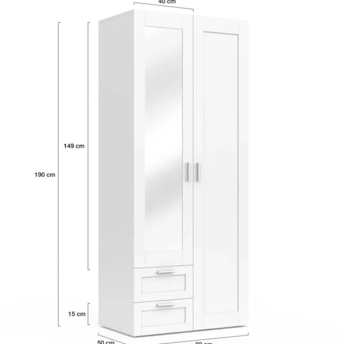 Armoire 2 portes blanche penderie avec miroir et 2 tiroirs 80 cm